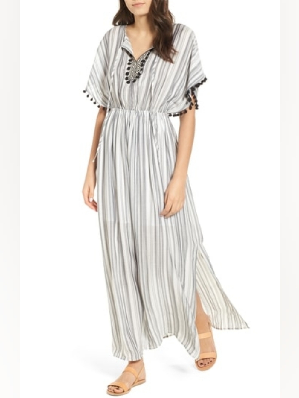 Everleigh Womens' Stripe Pompom Trim Caftan